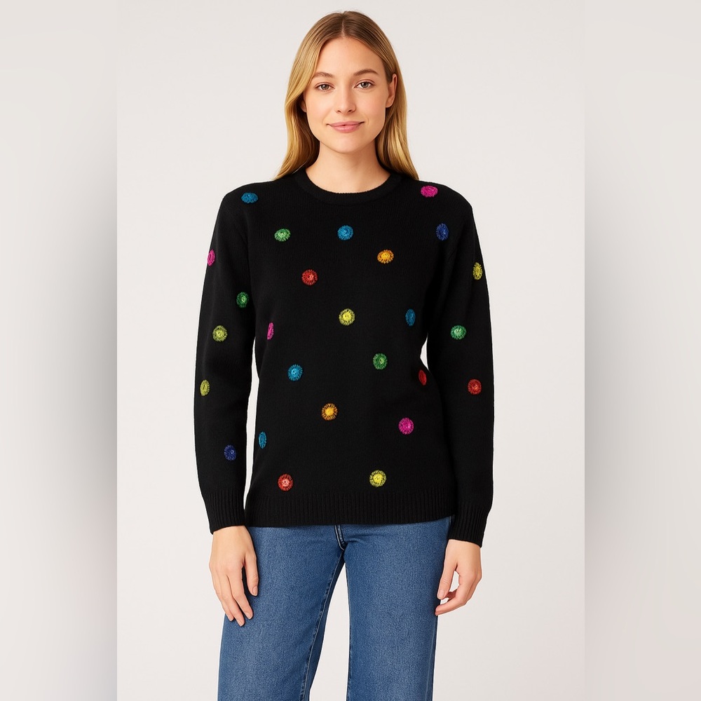 Vtg 80s L.B. Diffusion Black Beaded Sequin Polka Dot Silk Angora Sweater PS